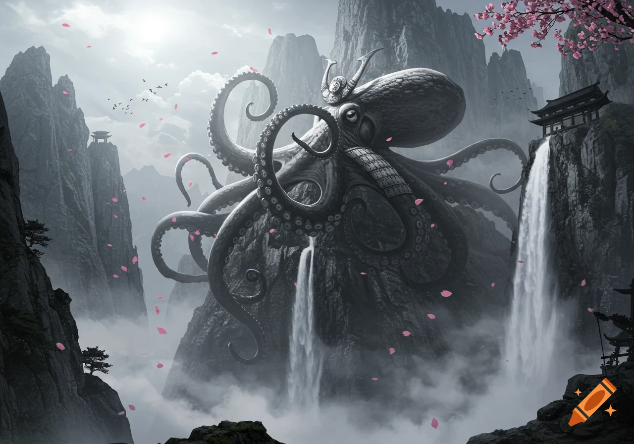 A giant, armored samurai octopus rests on a misty mountain, with waterfalls cascading down, surrounded by peaks and cherry blossoms.