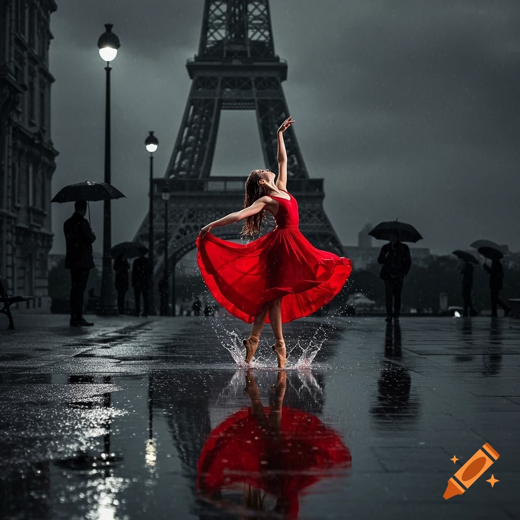 Ballerina in a bright red dress dancing in a puddle in the rain with the Eiffel Tower in the monochrome background.