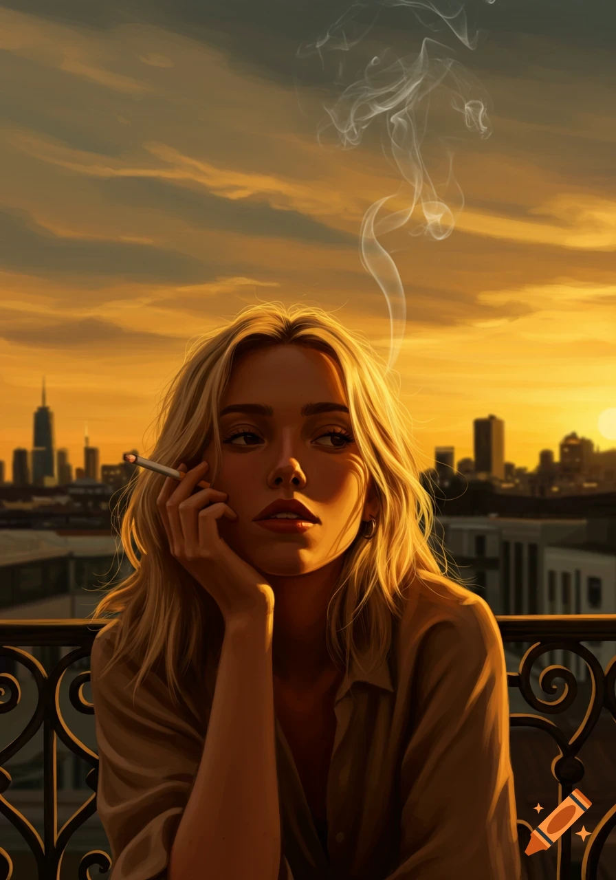 A pensive blonde woman smokes on a balcony with a city skyline at sunset in the background, in a painterly style.