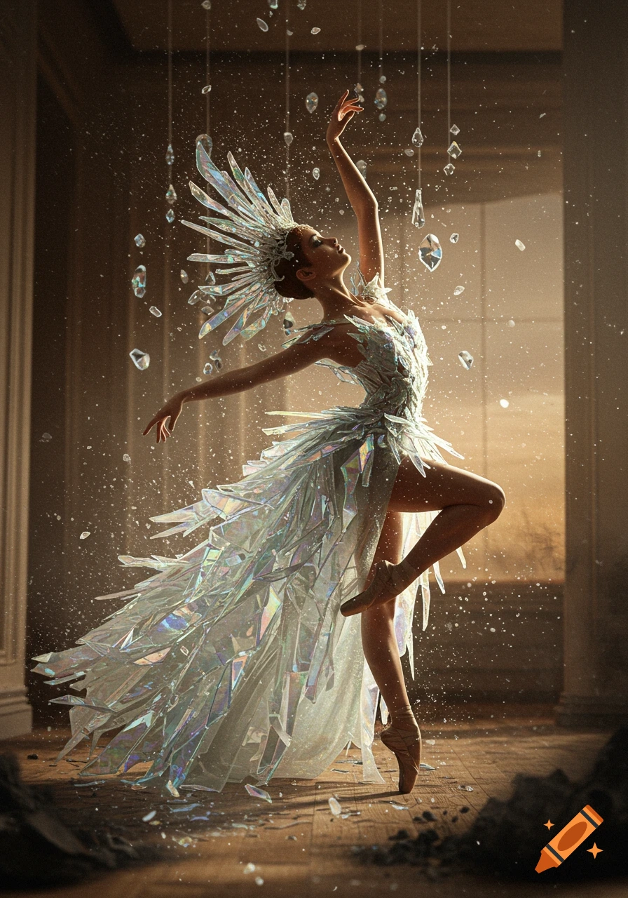 An Ice Queen ballerina in a reflective shard gown dances, illuminated by warm light as glass fragments fall.