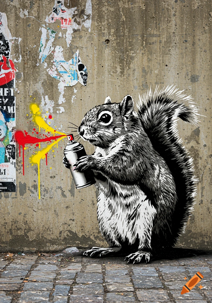 A stencil-style squirrel sprays red and yellow paint on a weathered concrete wall with torn posters and cobblestones below.