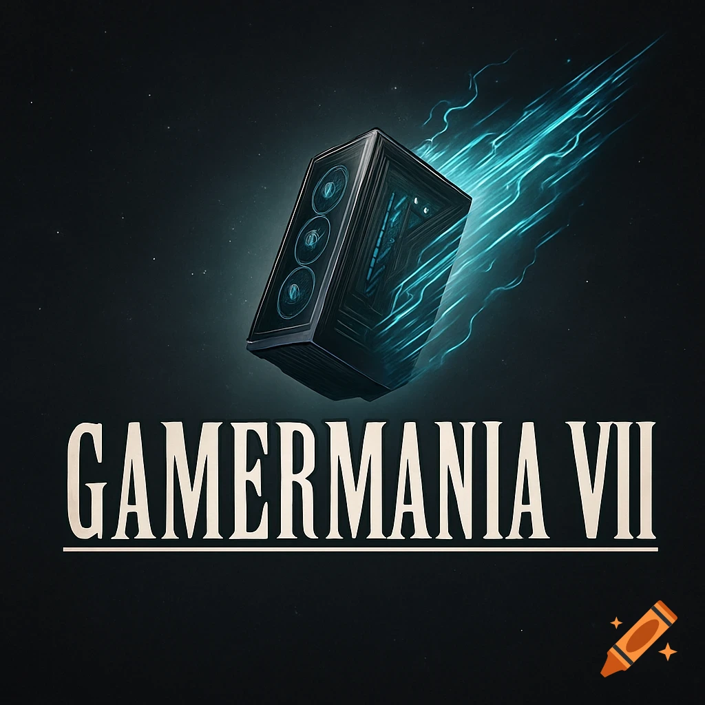 A stylized logo with a black gaming computer falling like a meteor, with blue electric streaks. Text 'GAMERMANIA VII' below it.