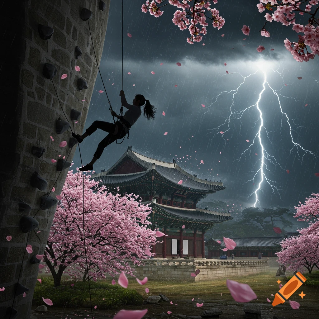 A person rappels down a climbing wall overlooking a traditional Korean palace amidst cherry blossoms and a dramatic lightning storm.