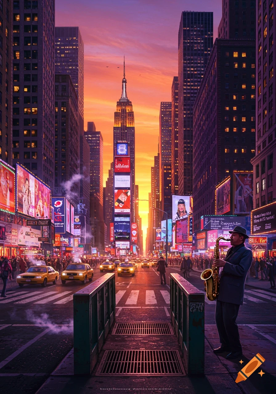 Vibrant New York City street at sunset with a saxophone player, yellow taxis, and illuminated billboards under the Empire State Building.