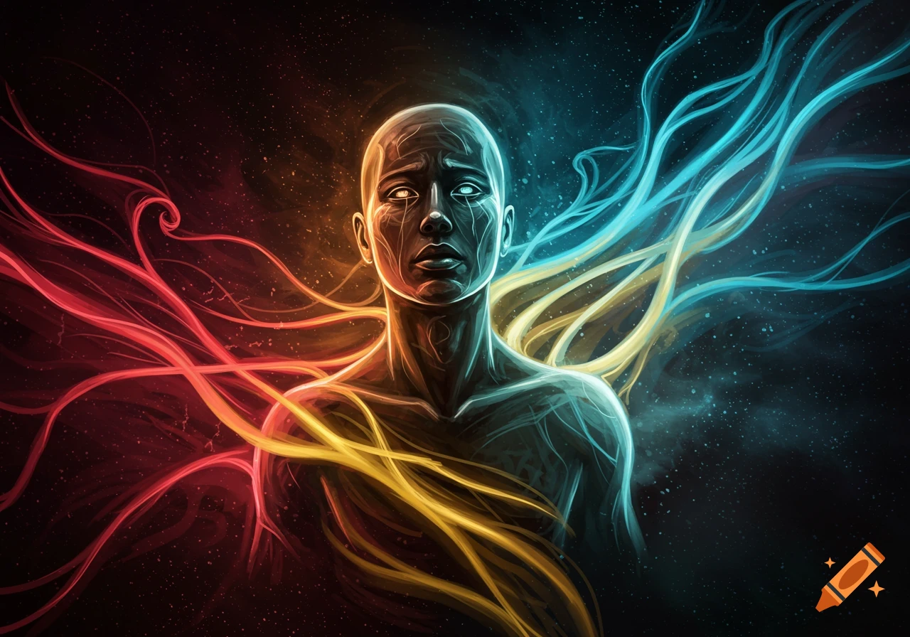 A stylized human figure with glowing red and orange energy flowing from the left and blue and yellow energy from the right, against a dark, cosmic background.