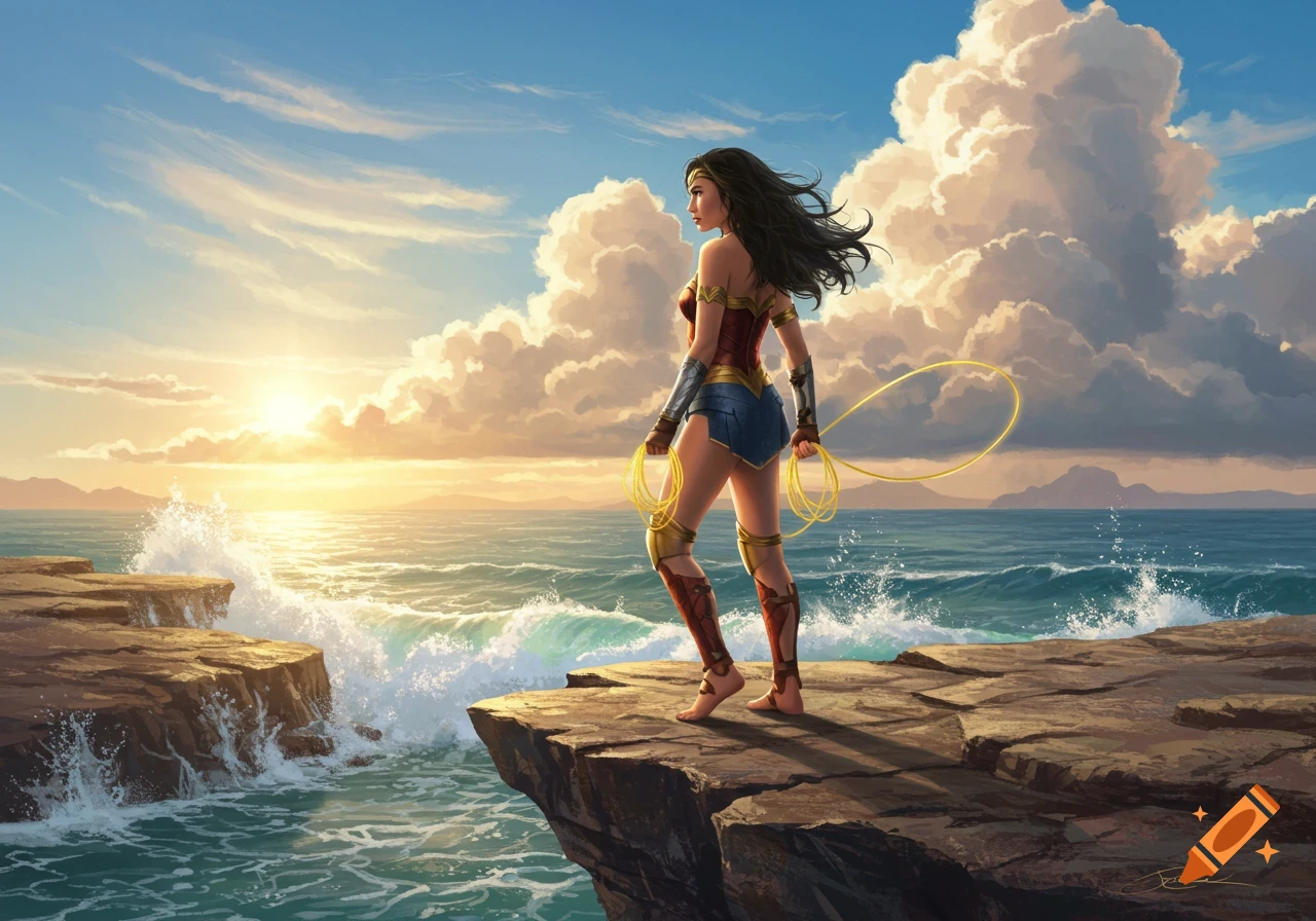 Wonder Woman stands barefoot on a rocky cliff overlooking a vast, wavy ocean under a vibrant sunset sky, digital painting.