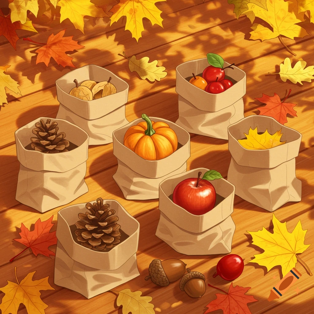Illustrative scene of various fall items in paper bags on a wooden surface, surrounded by scattered autumn leaves.