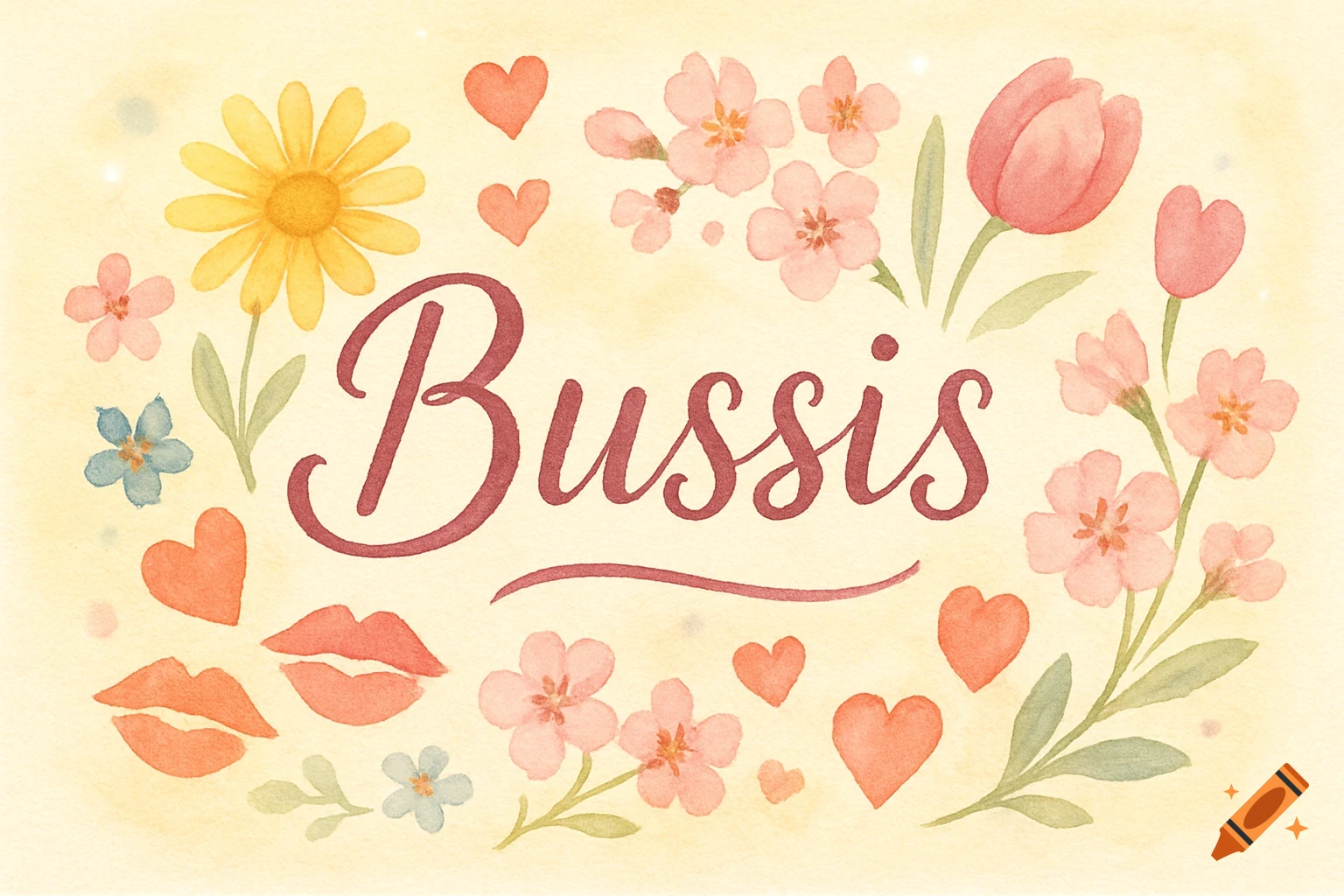 A watercolor greeting card with the word 'Bussis' surrounded by pink and yellow flowers, red hearts, and red lips on a light background.