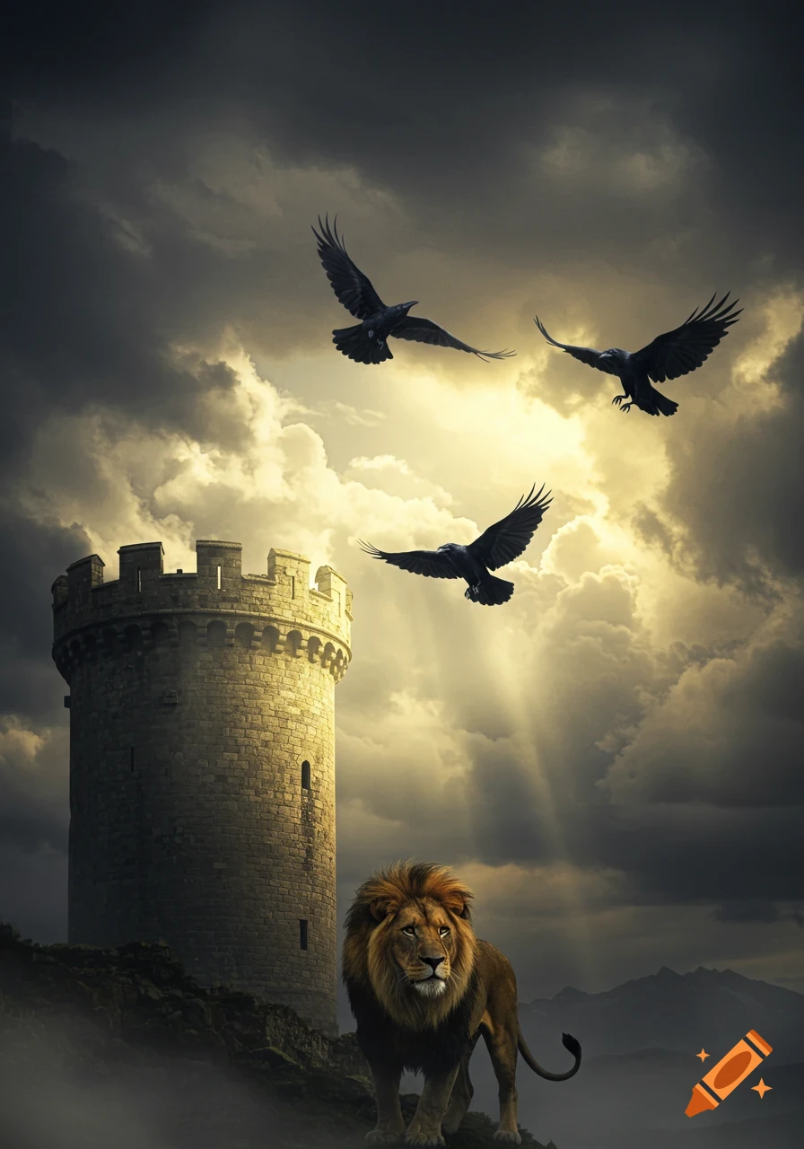 Three ravens fly over a stone tower, with a lion in front, under a dramatic cloudy sky.