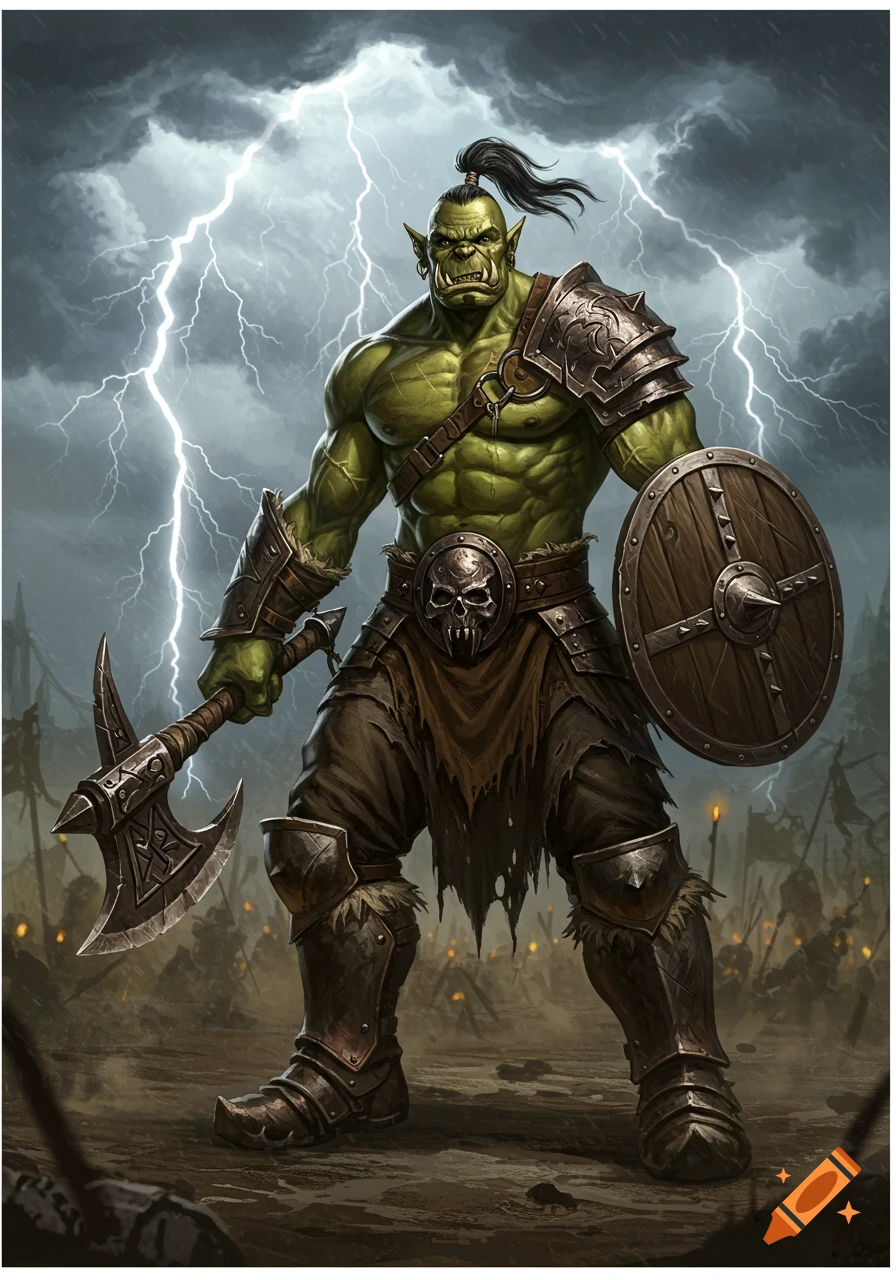 A powerful green orc warrior in hide armor with a skull buckle, holding a battle axe and a wooden shield, stands on a stormy battlefield with lightning.