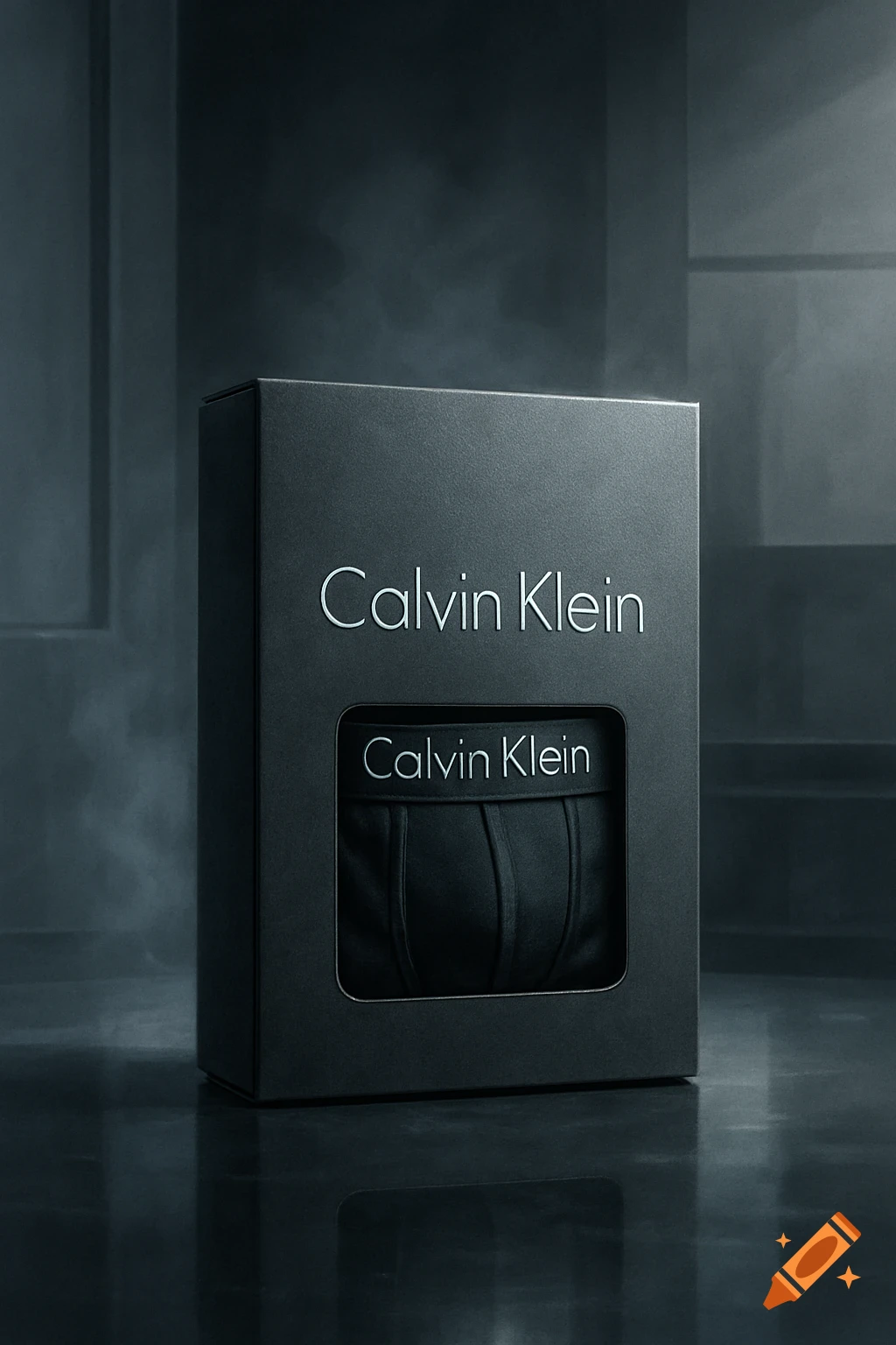 A black Calvin Klein underwear box with a pair of black underwear inside, on a reflective surface in a dark, smoky setting.