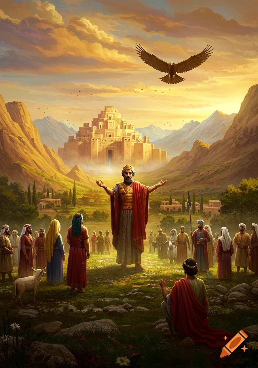 A king in a red robe addresses a crowd in a valley, with a grand ancient city and mountains in the background, an eagle above. Painterly.