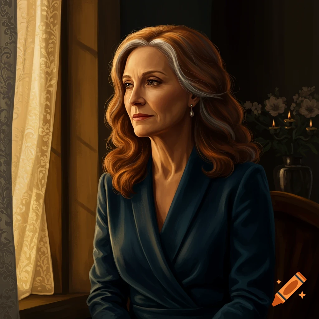 A mature woman with auburn and gray hair, wearing a dark teal wrap dress, looks out a sunlit window. The style is a detailed, realistic painting.