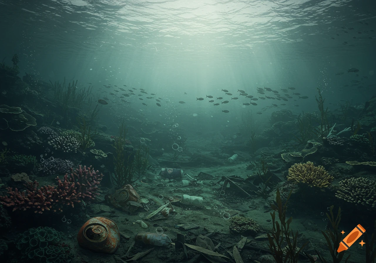 Photorealistic underwater scene depicting a polluted seabed with discarded plastic bottles, cans, and debris among coral reefs and schools of fish. Sunlight streams from the surface.