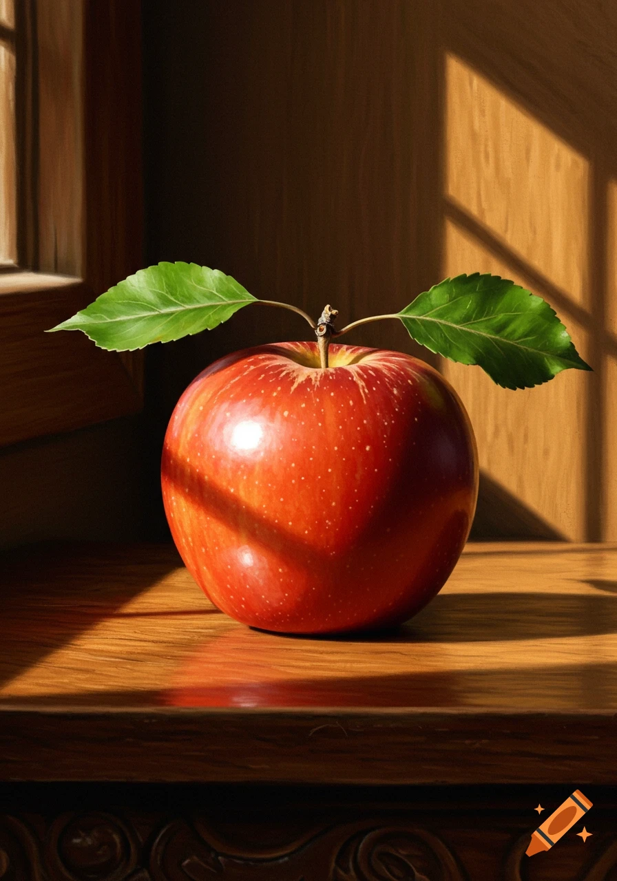 A photorealistic still life of a red apple with green leaves on a wooden table, illuminated by sunlight.