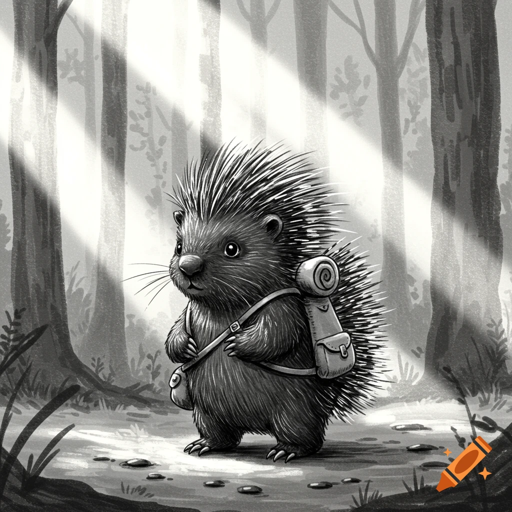 Black and white illustration of a cute porcupine with a backpack walking on a forest path with light rays.