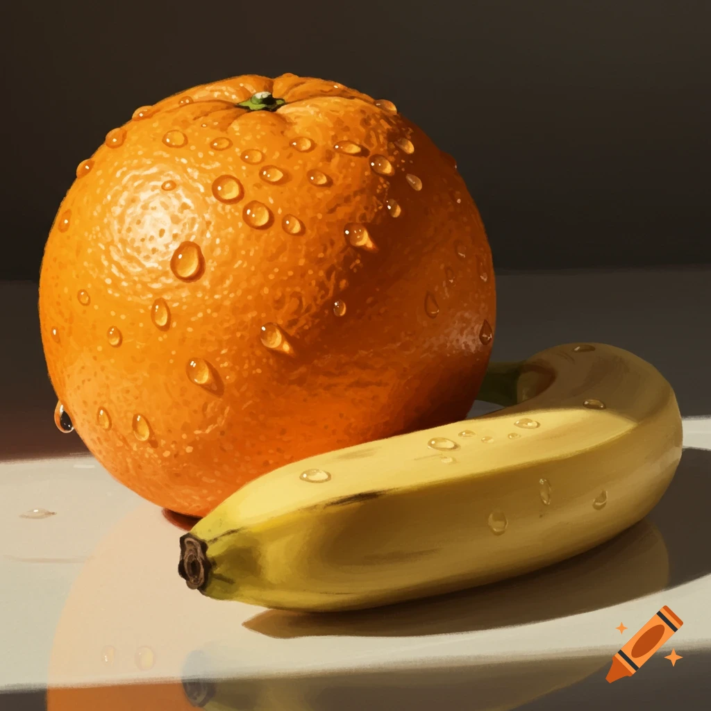 A photorealistic still life of a dewy orange and banana on a reflective surface.