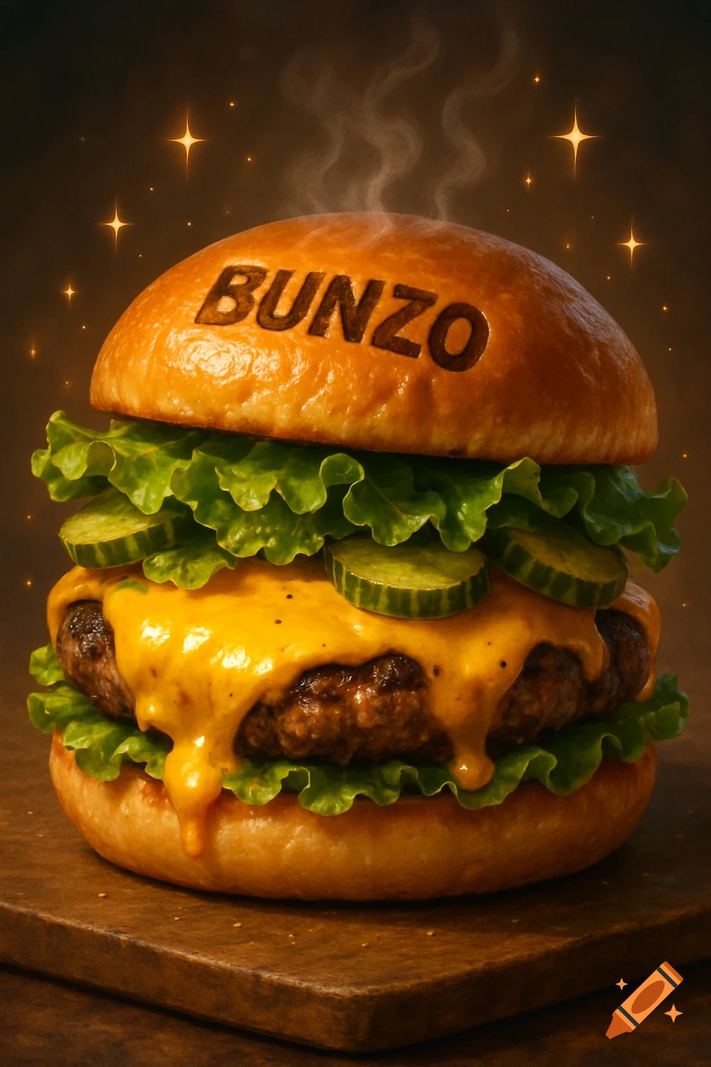 A detailed, photorealistic smash burger with 'BUNZO' branded on the top bun, melted cheese, lettuce, and pickles.