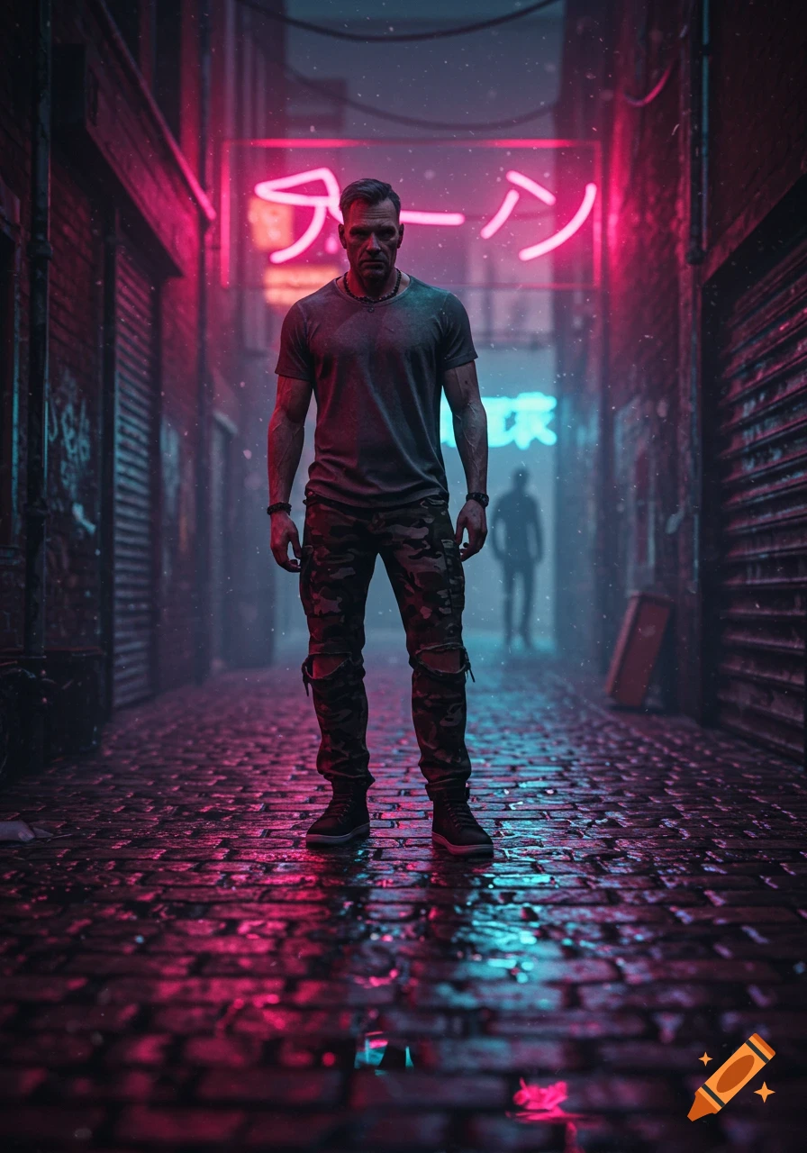A man in a t-shirt and camouflage pants stands in a neon-lit, rainy cyberpunk alley with reflections on the wet cobblestone ground.