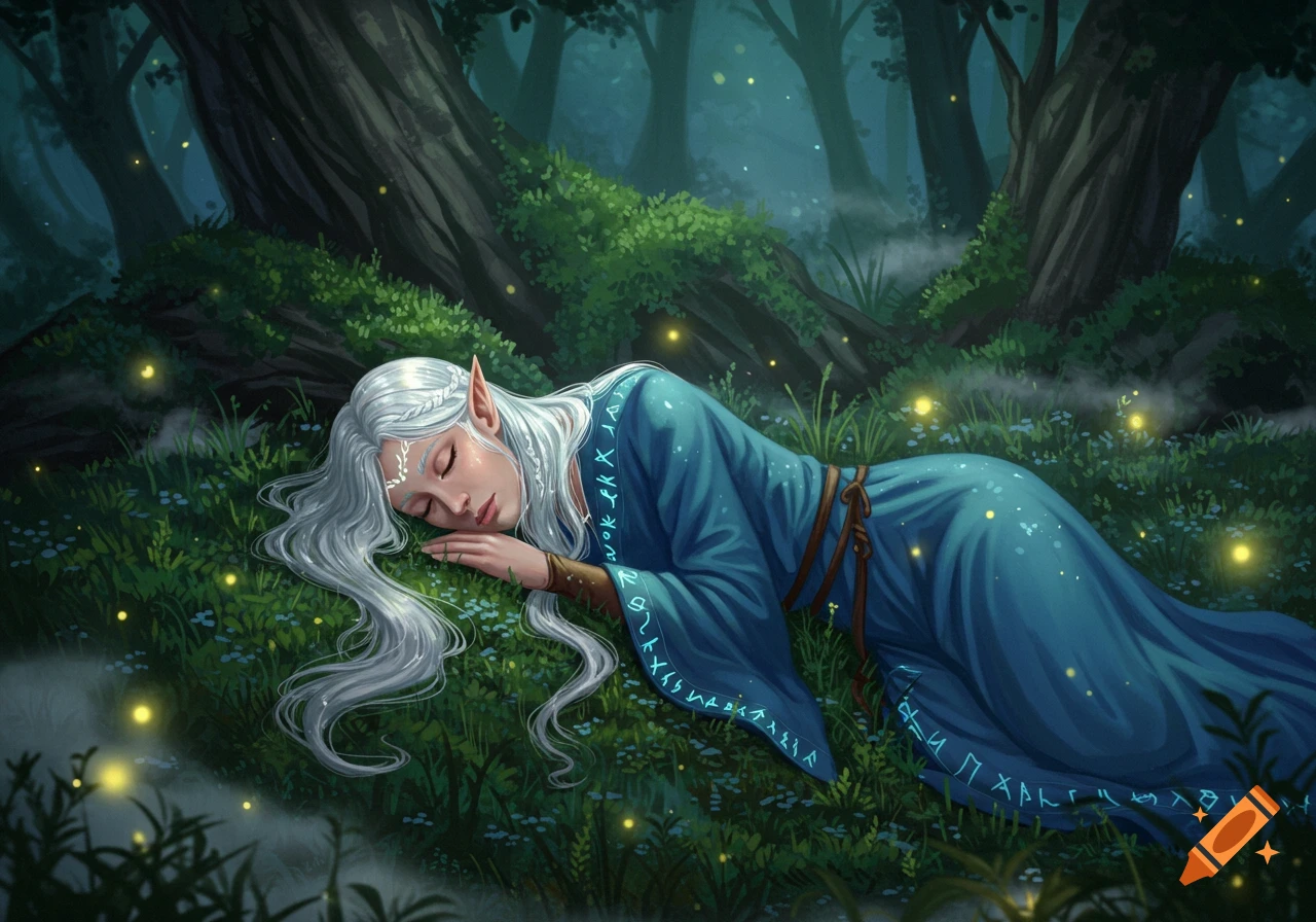 A white-haired elf woman in a blue robe sleeps peacefully in a magical forest, surrounded by fireflies.