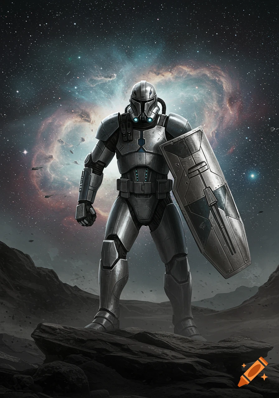 Heavily armored figure in an exoskeleton holding a large shield on a rocky alien planet beneath a vibrant nebula, digital art.