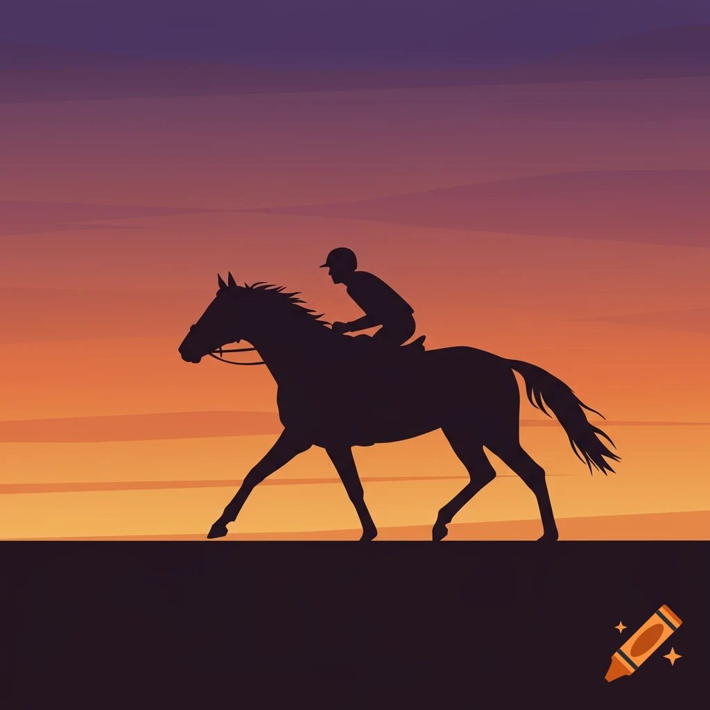 Silhouette of a jockey riding a horse at sunset, rendered in a 2D shape art style.
