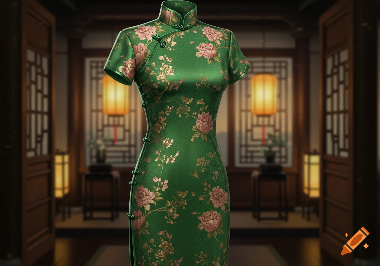 A vibrant green silk Qipao dress with pink and gold floral patterns against a blurred traditional Chinese interior.