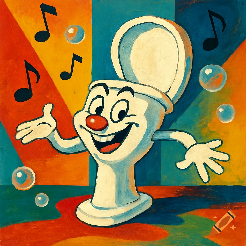 A cheerful anthropomorphic toilet character with a red nose and wide smile, extending its hands, surrounded by musical notes and bubbles, in a vibrant, retro cartoon style.