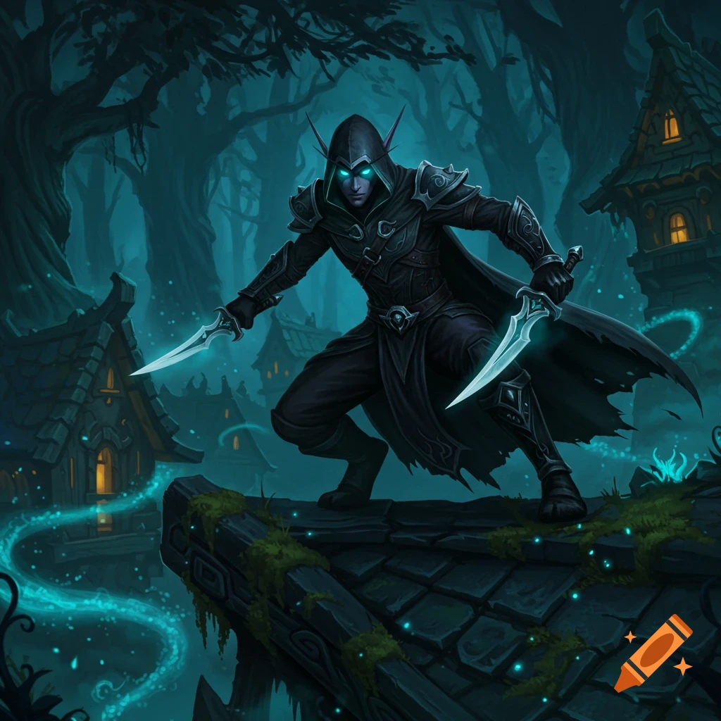 Dark fantasy illustration of a stealthy night elf rogue with glowing eyes and daggers, crouched on a mossy rooftop.