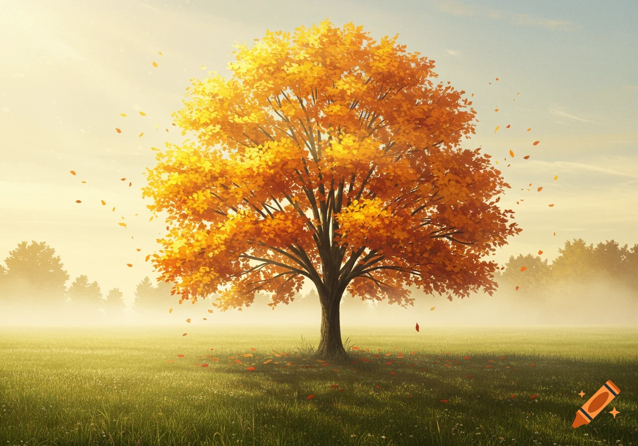 A vibrant orange and yellow autumn tree stands in a sunny, misty green field with fallen leaves scattered around its base.