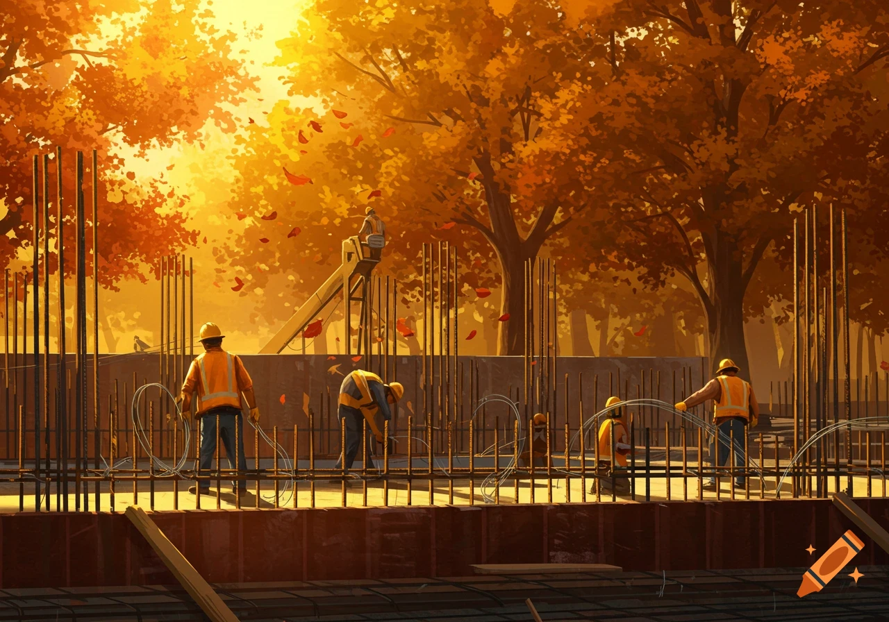 Digital painting of construction workers tying rebar at a golden-lit site with autumn trees and falling leaves.