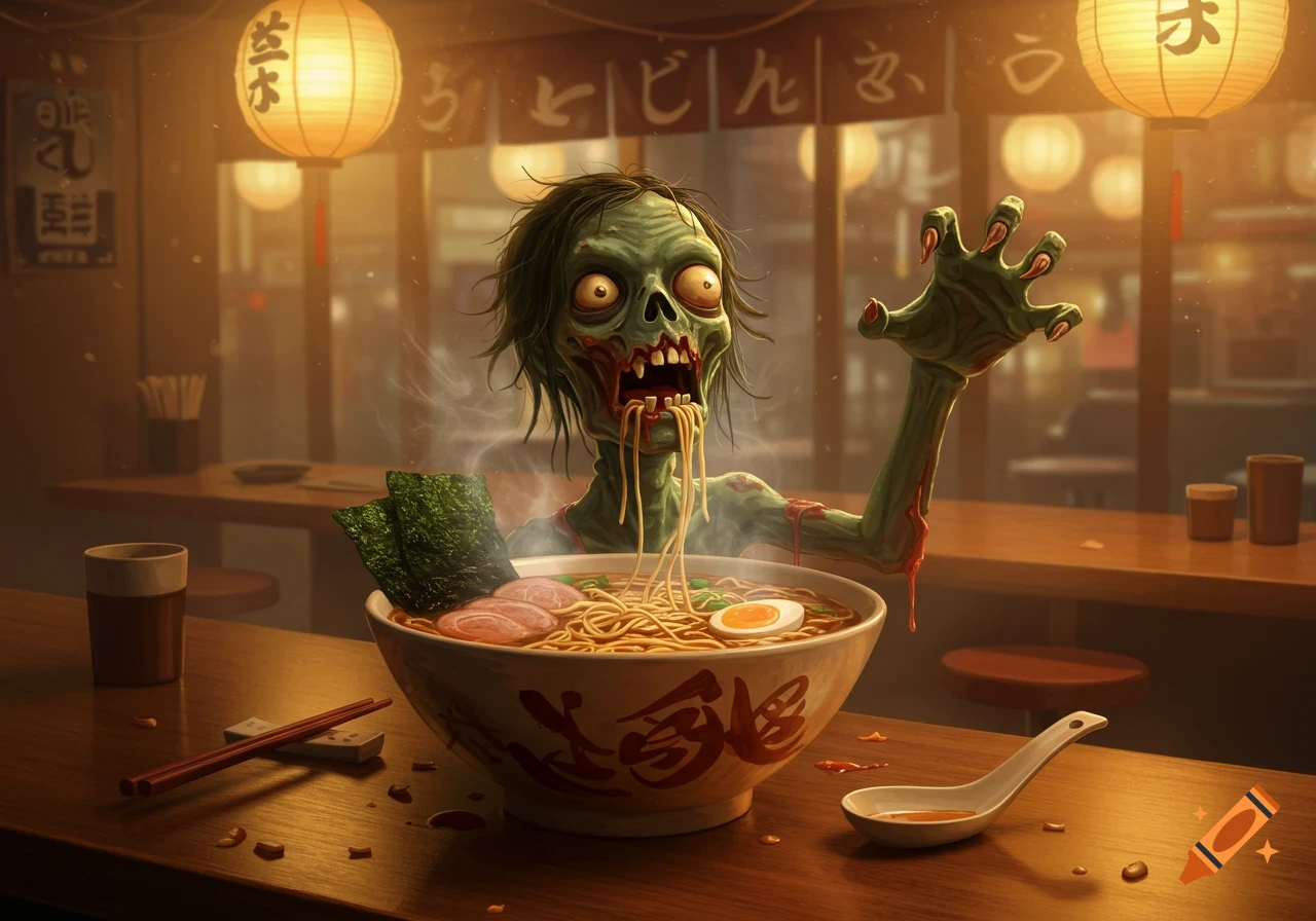 A cartoonish green zombie with blood on its face and arms slurps noodles from a large bowl of ramen in a Japanese restaurant, with lanterns overhead.