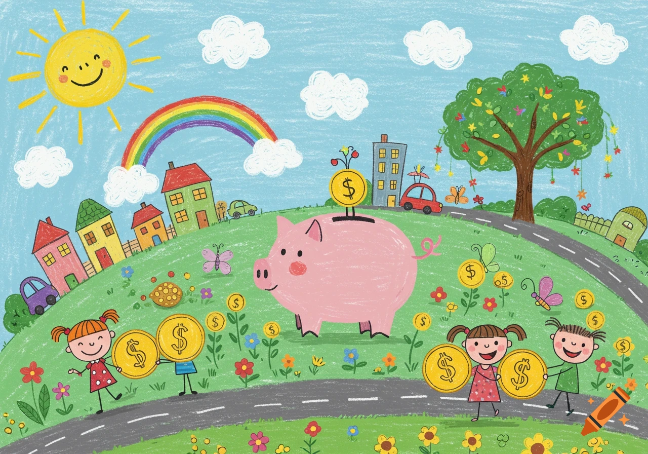A cheerful crayon drawing of children holding gold coins, a piggy bank, and houses on a hill with a sun and rainbow.