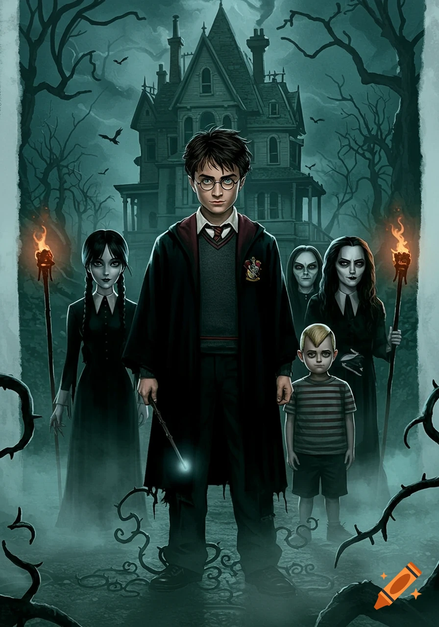 Harry Potter with the Addams Family, Wednesday, Pugsley, Morticia, and Gomez, standing in front of a spooky mansion.