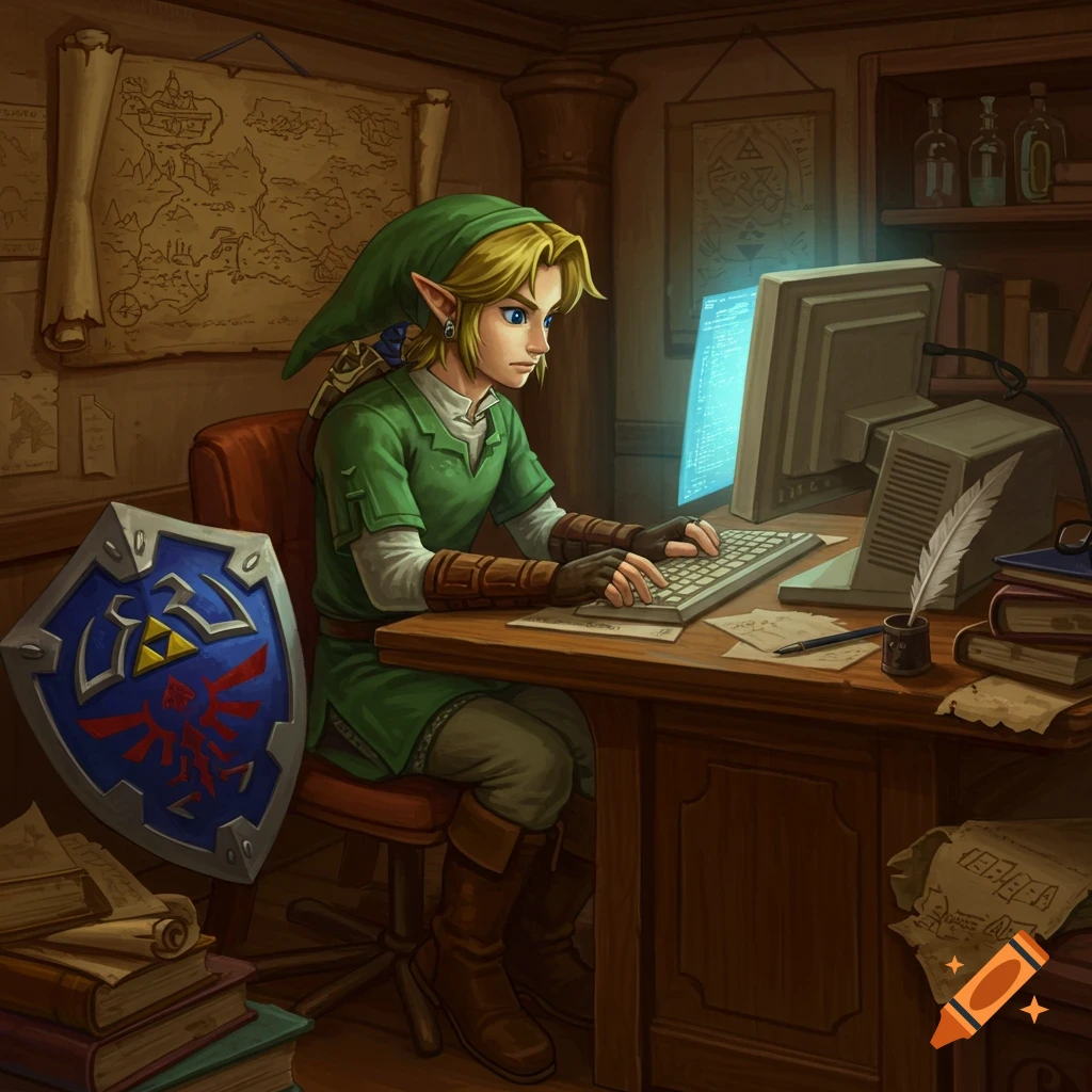 Link from The Legend of Zelda sits at a wooden desk in a cozy study, typing on an old computer with a bright blue screen. A Hylian Shield leans beside the desk.