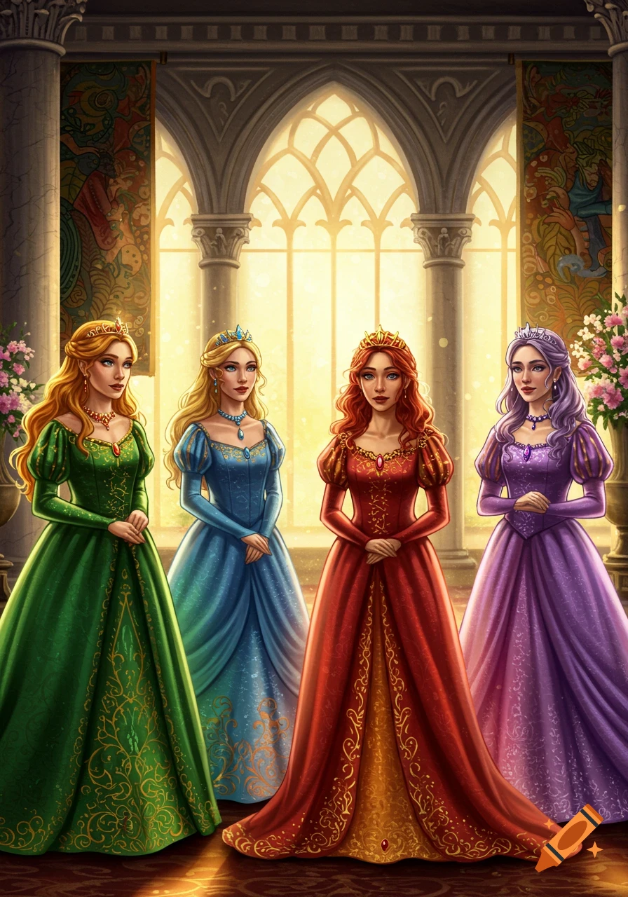 Four illustrated princesses in colorful gowns with crowns stand in a grand castle hall with tall arched windows.