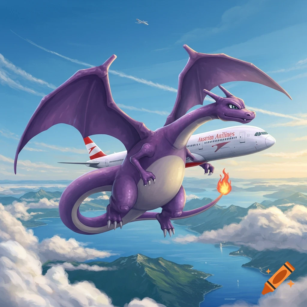 A large purple Charizard with 'Austrian Airlines' on its side flies like an airplane over mountains and water.