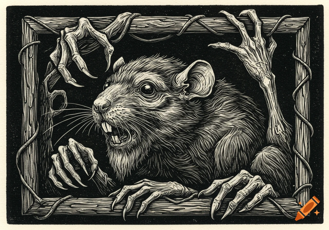 A black and white woodcut of a grotesque rat with human-like hands and baring teeth, framed by gnarled wood.