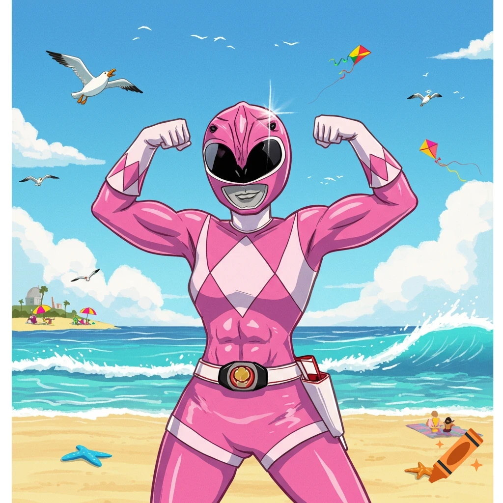 Pink Power Ranger flexing muscles on a sunny cartoon beach with waves, seagulls, and kites.