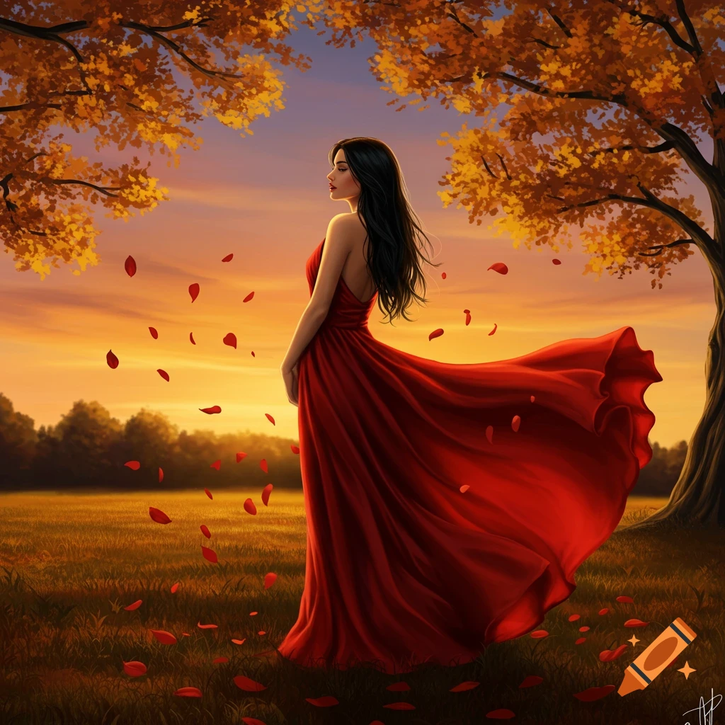Digital painting of a woman in a red dress standing in an autumn field with falling red leaves under a sunset sky.