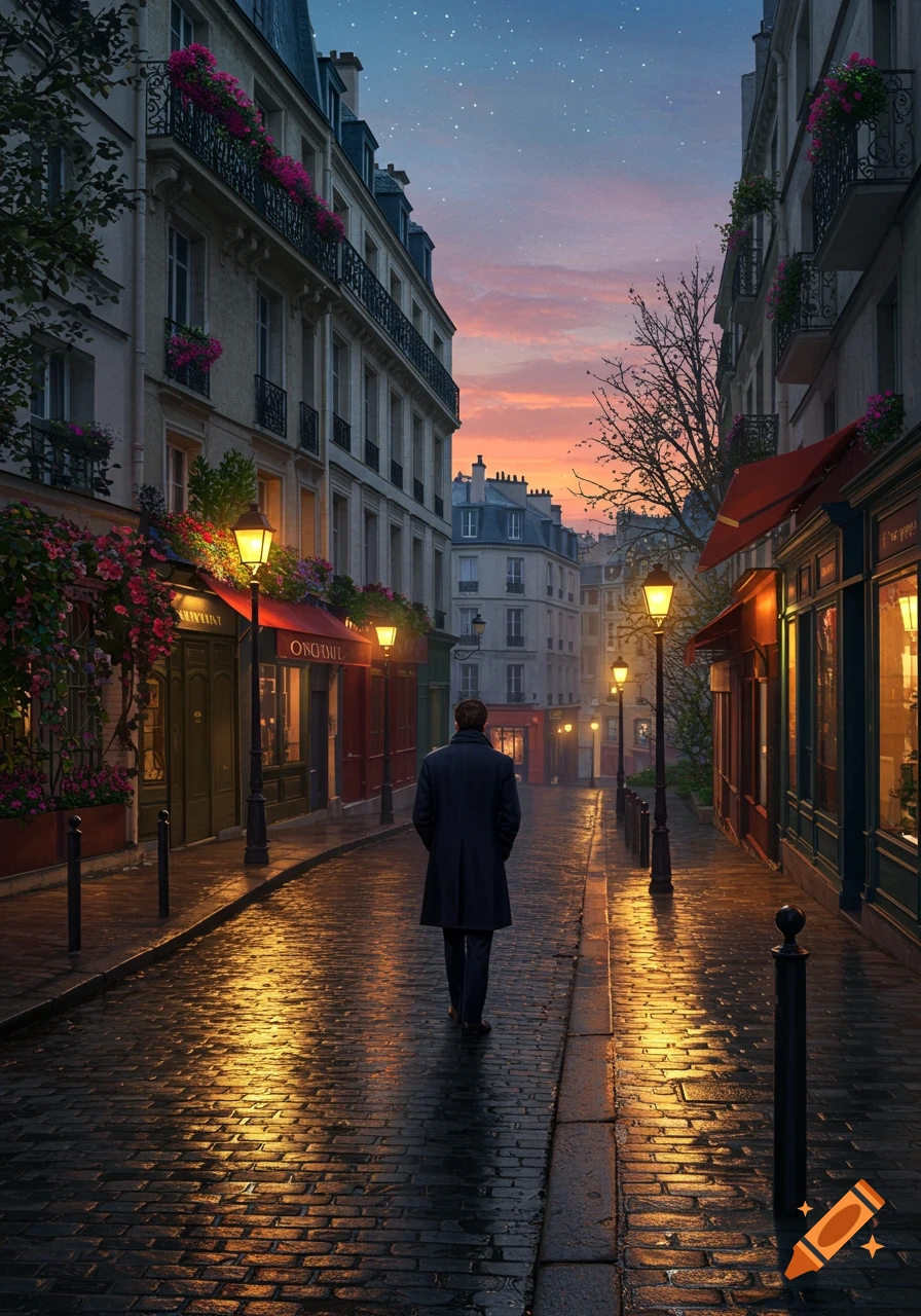 A man walks down a wet cobblestone street lined with buildings and glowing lampposts at dusk, reflecting orange light.