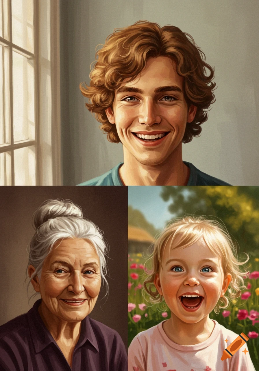 Three illustrated portraits: a smiling young man, a happy elderly woman, and a laughing blonde child in a flower field.