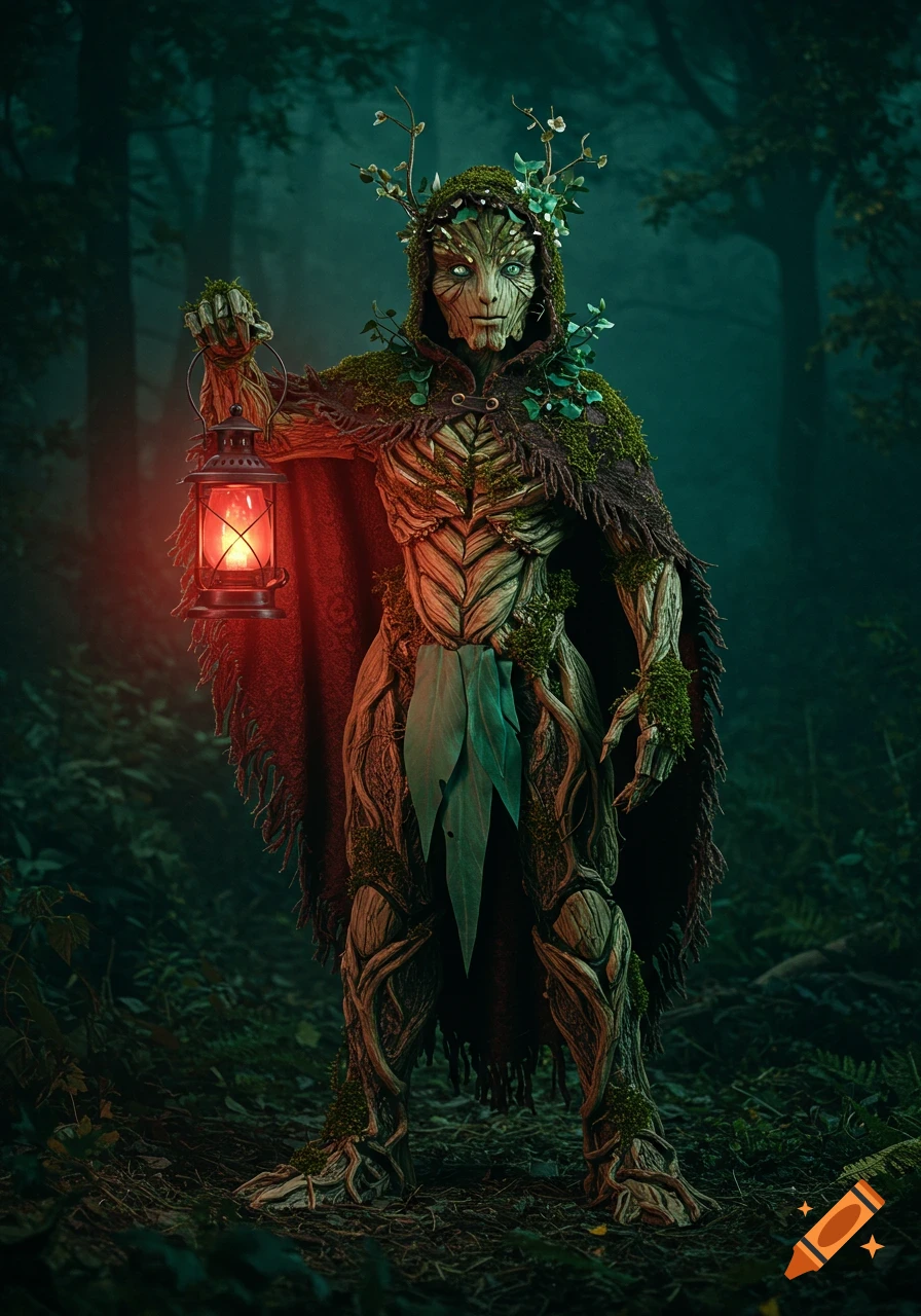 A plant-like humanoid figure, moss-covered and made of wood, stands in a dark forest holding a red glowing lantern.