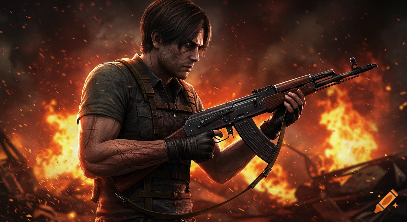 Leon S. Kennedy holds an AK-47 against a fiery, destructive background in a cinematic, photorealistic style.