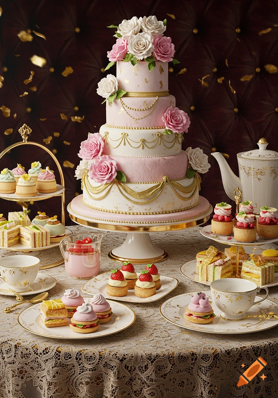 A lavish tiered cake decorated with pink and white roses, surrounded by delicate pastries, sandwiches, and tea sets on a lace table.