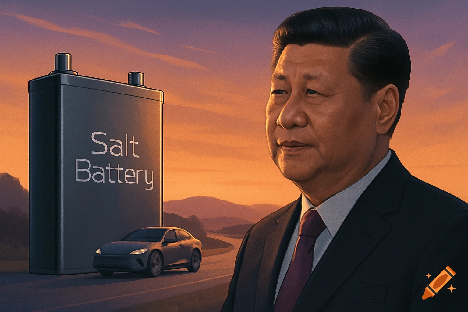 Illustration of Xi Jinping next to a 'Salt Battery' and an electric car on a road at sunset.