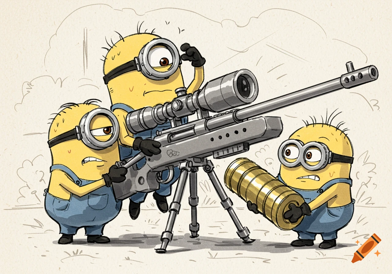 Three Minions operate a large sniper rifle, with one holding a large bullet, in a cartoon sketch style.