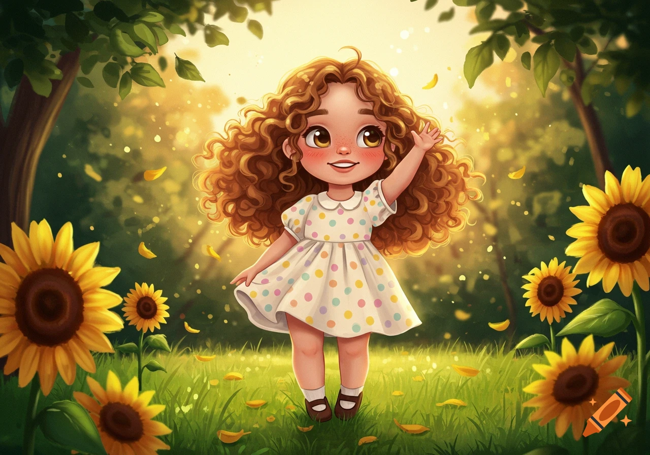 A cute cartoon girl with curly brown hair in a polka-dot dress smiles and waves in a sunny field with sunflowers and falling leaves.
