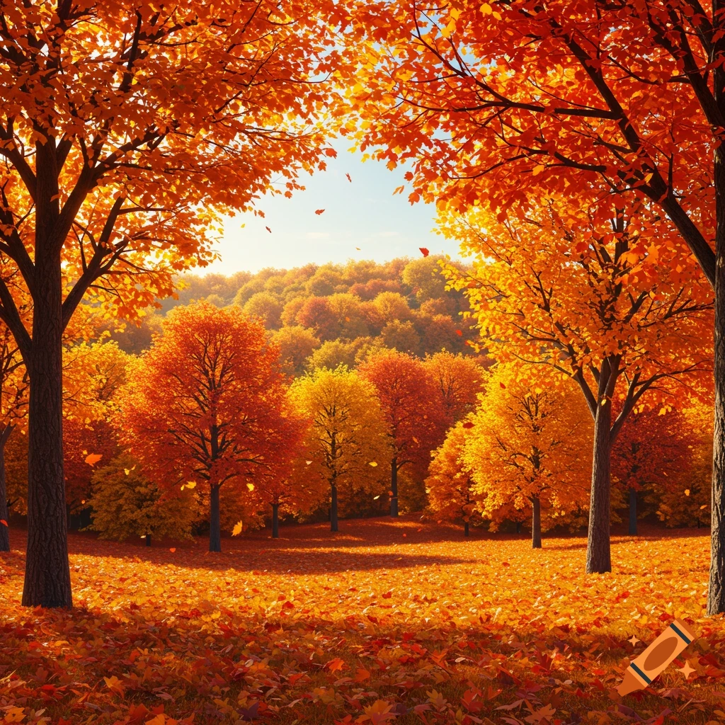 Vibrant autumn forest with orange and yellow trees and leaves covering the ground under a bright sky.