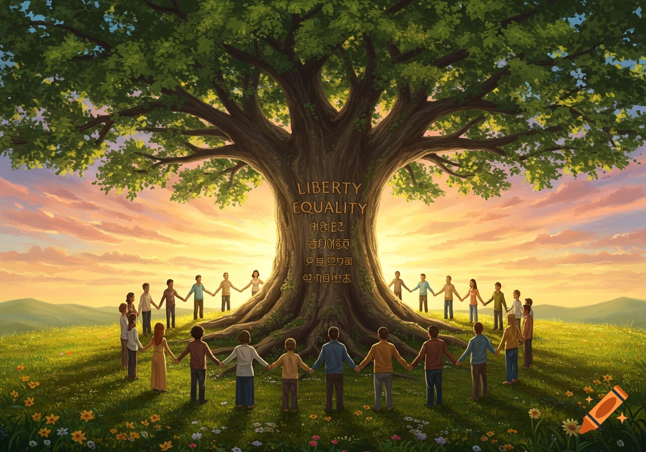An illustration of diverse people holding hands in a circle around a large tree with "LIBERTY EQUALITY" on its trunk, set against a sunset sky.